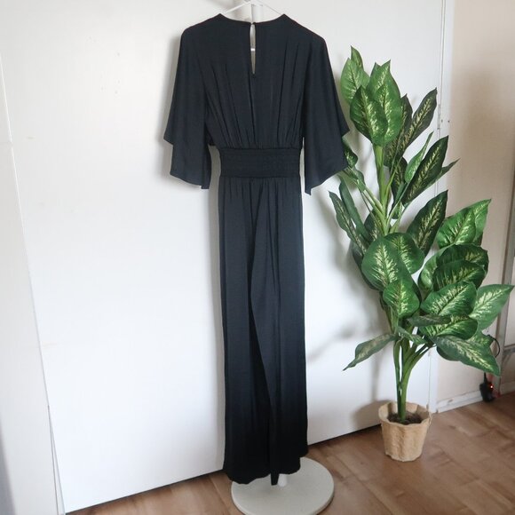 Jessica Simpson Black Satin Flutter Sleeve Jumpsuit Smocked Waist Wide Leg XS - Picture 3 of 11